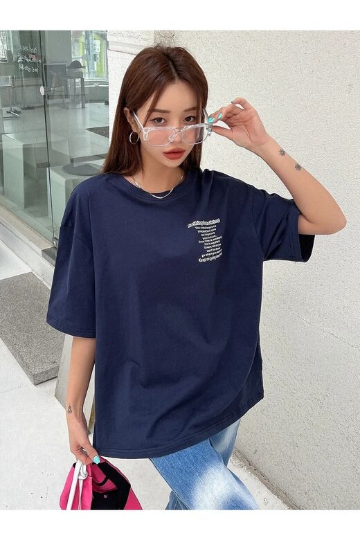 Kadın Lacivert Nothing For Nothing Baskılı Oversize T-shirt