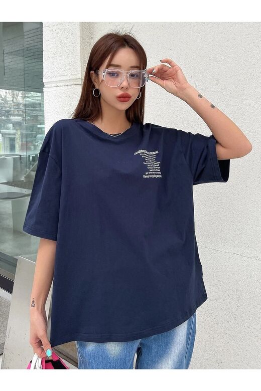 Kadın Lacivert Nothing For Nothing Baskılı Oversize T-shirt