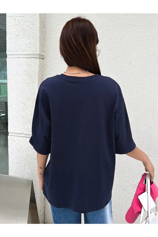 Kadın Lacivert Nothing For Nothing Baskılı Oversize T-shirt