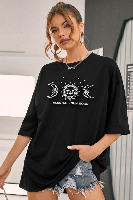 Unisex Sun Moon Baskılı T-shirt