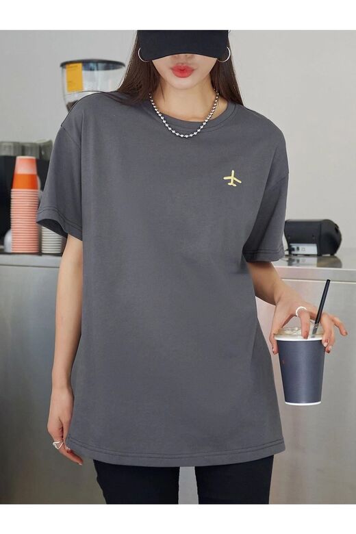 Kadın Füme Airplane Baskılı Oversize T-shirt