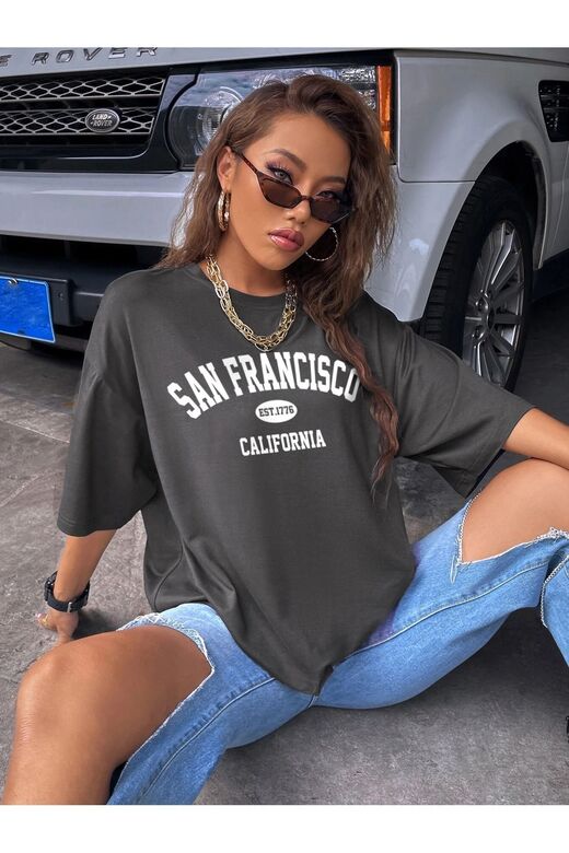 Kadın Füme Oversize Sanfrancisco Est.1776 T-shirt