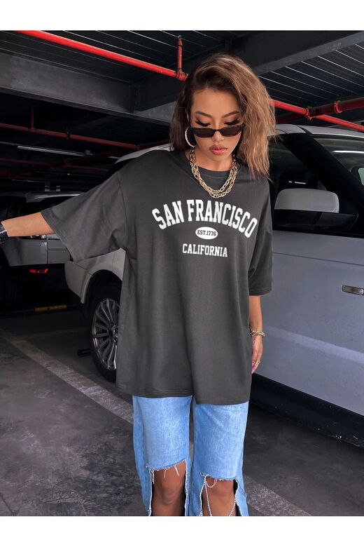 Kadın Füme Oversize Sanfrancisco Est.1776 T-shirt