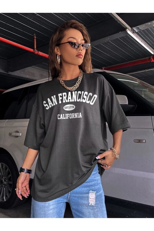 Kadın Füme Oversize Sanfrancisco Est.1776 T-shirt