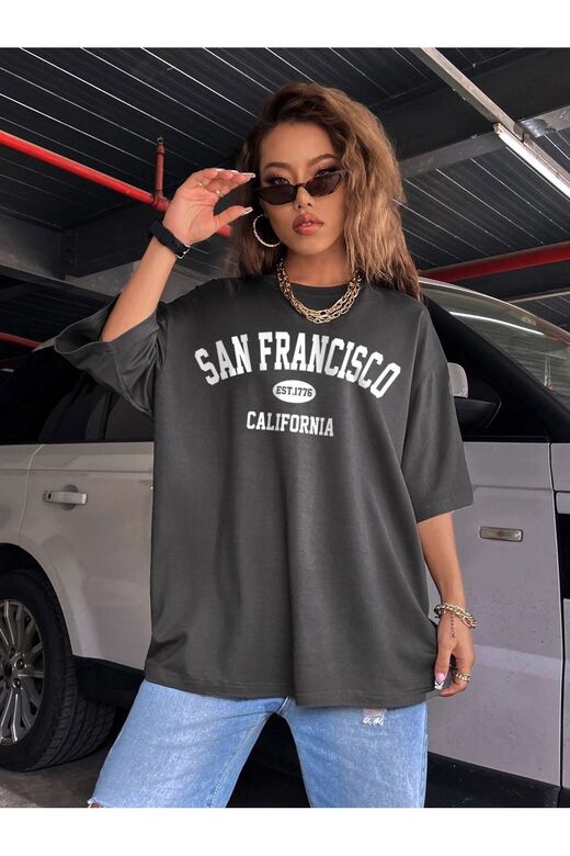 Kadın Füme Oversize Sanfrancisco Est.1776 T-shirt