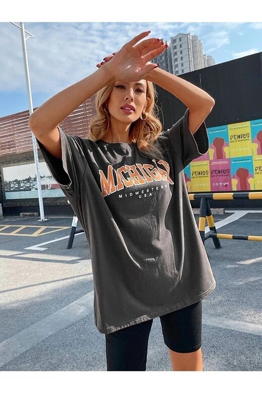Kadın Füme Oversize Michigan Baskılı T-shirt