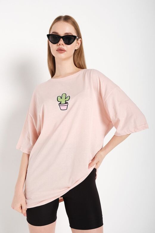 Kadın Pembe Cactus Logo Baskılı Oversize T-shirt