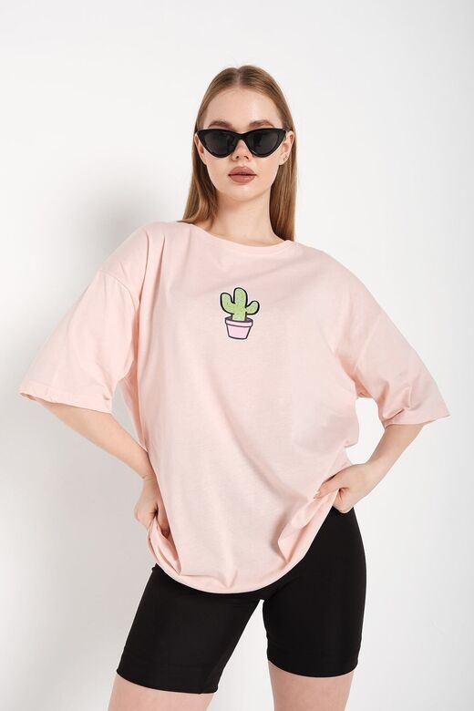 Kadın Pembe Cactus Logo Baskılı Oversize T-shirt