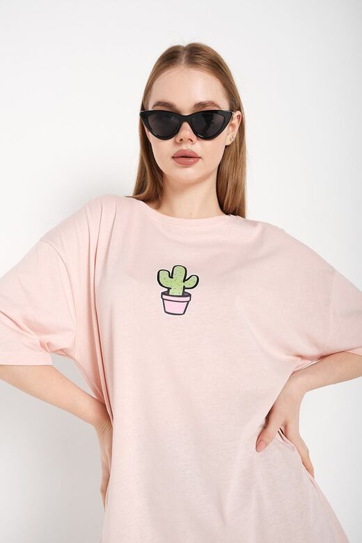 Kadın Pembe Cactus Logo Baskılı Oversize T-shirt