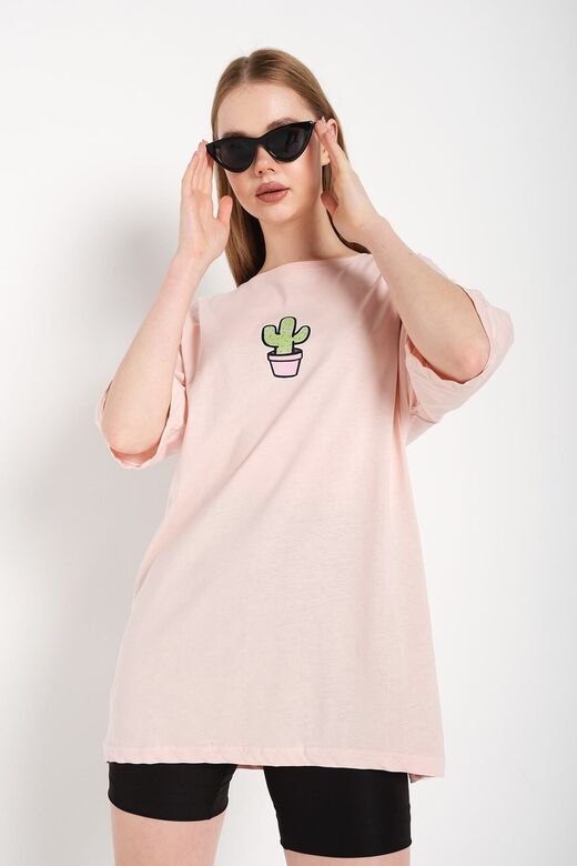 Kadın Pembe Cactus Logo Baskılı Oversize T-shirt