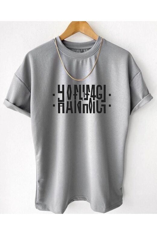 Unisex Gri Hanımcı Baskılı Katlamalı Bisiklet Yaka Tişört