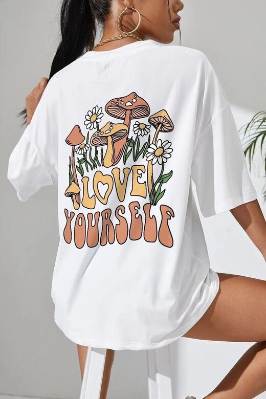 Kadın Beyaz Love Yourself Baskılı Oversize T-shirt