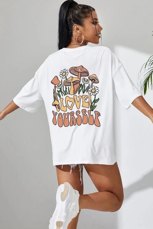 Kadın Beyaz Love Yourself Baskılı Oversize T-shirt
