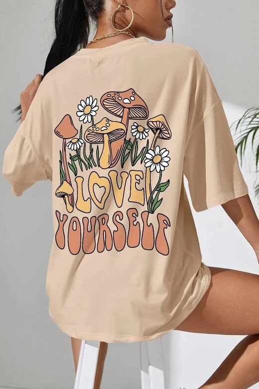 Kadın Bej Love Yourself Baskılı Oversize T-shirt