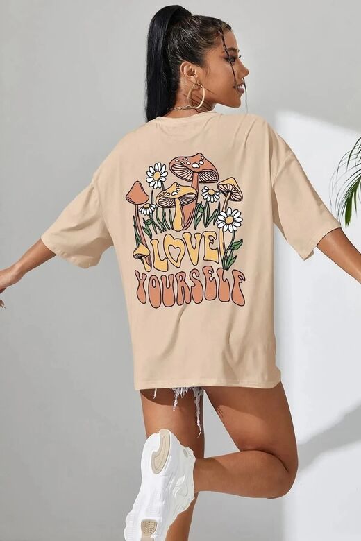 Kadın Bej Love Yourself Baskılı Oversize T-shirt