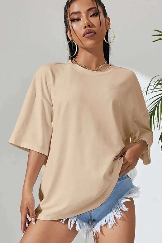 Kadın Bej Love Yourself Baskılı Oversize T-shirt
