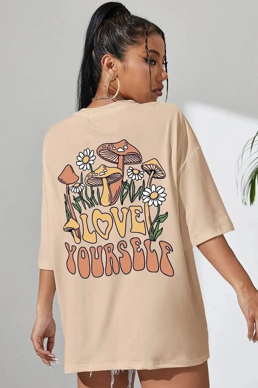 Kadın Bej Love Yourself Baskılı Oversize T-shirt