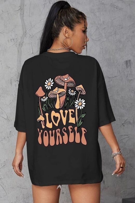 Kadın Siyah Love Yourself Baskılı Oversize T-shirt