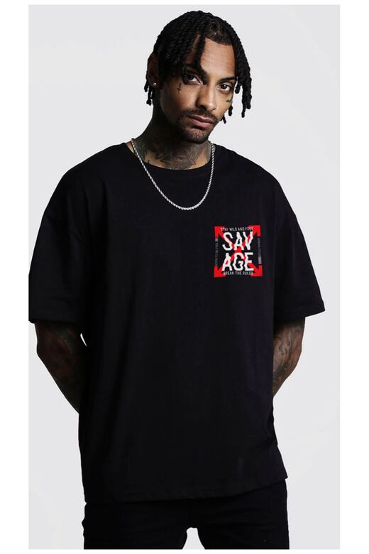 Erkek Siyah Oversize Savage Baskılı T-shirt