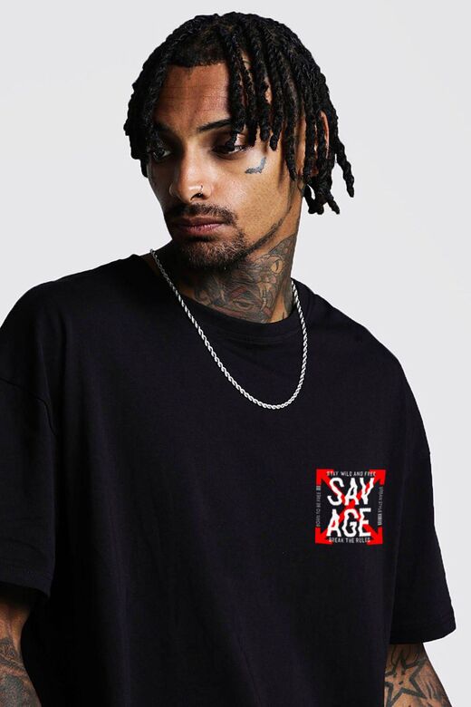 Erkek Siyah Oversize Savage Baskılı T-shirt