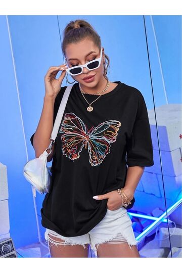 Kadın Siyah Oversize T-shirt Ön Lazer Kelebek Baskılı Tişört