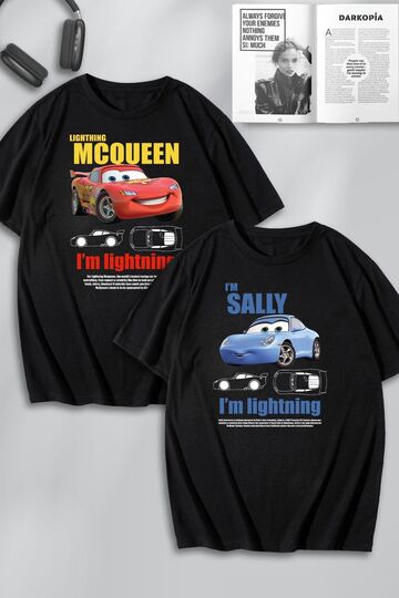 Unisex Kadın Erkek Şimşek McQueen ve Sally Baskılı Sevgili Çift Kombini Tasarım Oversize Tshirt 2'li