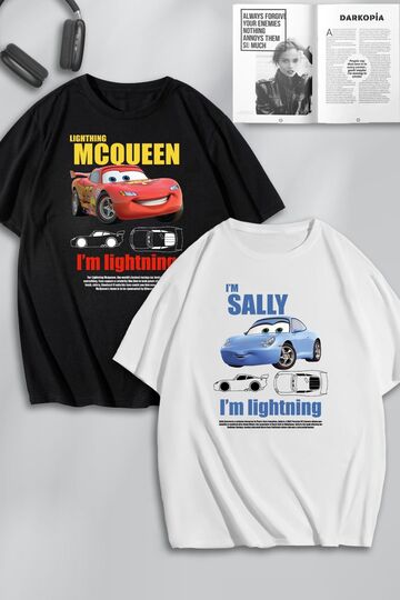 Unisex Kadın Erkek Şimşek McQueen ve Sally Baskılı Sevgili Çift Kombini Tasarım Oversize Tshirt 2'li