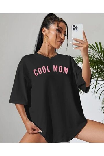 Unisex Oversize T-shirt Coolmom Baskılı %100 Pamuk Siyah Renk