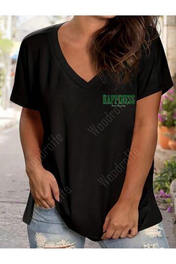 Kadın V yaka Baskılı siyah  Oversize Boyfriend T-Shirt