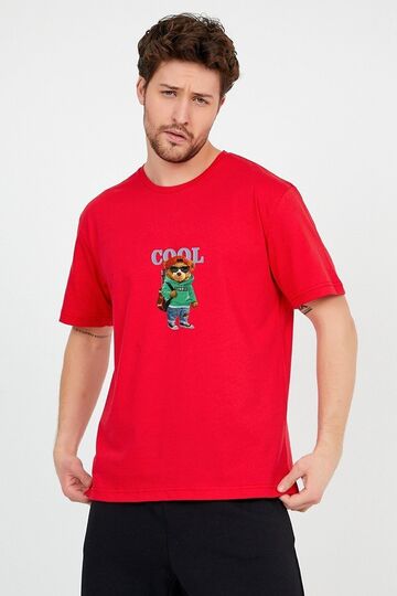 Erkek Kırmızı Önü Cool Ayıcık Baskılı Bisiklet Yaka Oversize Pamuklu T-shirt