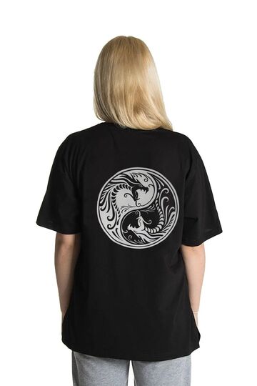 Unisex Reflektör Baskı Ying Yang Dragon Rahat Kesim Oversize T-shirt