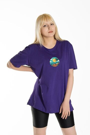 Kadın Mor Önü Scooter Baskılı Bisiklet Yaka Oversize Pamuklu T-shirt