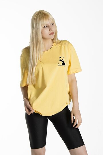 Kadın Sarı1 Önü Panda Baskılı Bisiklet Yaka Oversize Pamuklu T-shirt