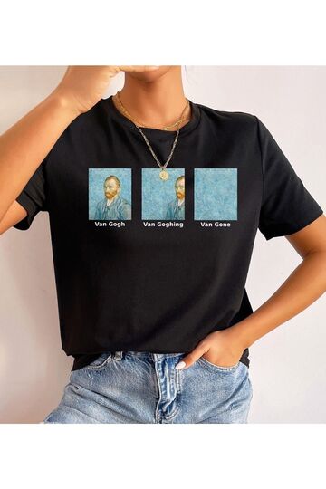 Pamuk Penye Kumaş Oversize Van Gogh Baskılı Siyah Tshirt