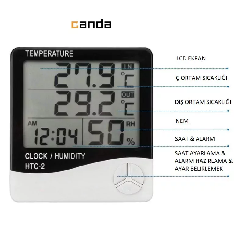 HTC-2 Dijital Termometre Higrometre Sıcaklık Nem Ölçer Saat ve Alarm