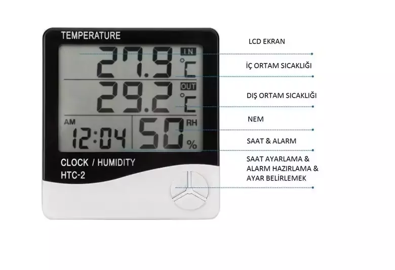HTC-2 Dijital Termometre Higrometre Sıcaklık Nem Ölçer Saat ve Alarm