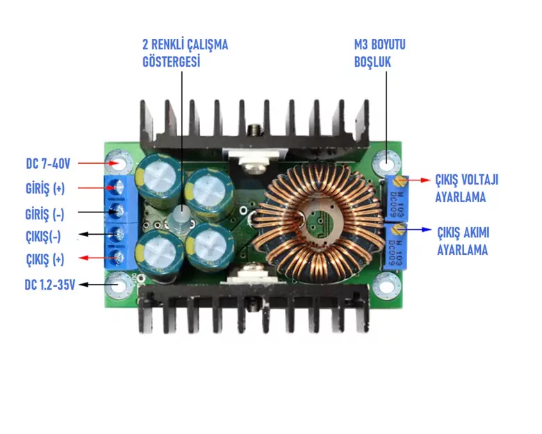 XL4016 DC-DC Akım Voltaj Düşürücü Regülatör Güç Kaynağı 10A 300W