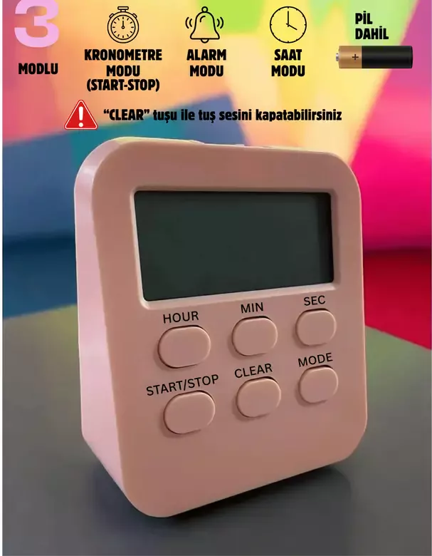 Öğrenci Ders Çalışma Saati Kronometreli Araç Saati Mutfak Bozdolabı Magnet Saat Zamanlayıcı Pembe