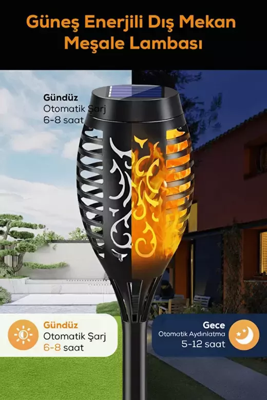 4 Adet Alev Efektli Meşale Solar Led Güneş Enerjili Bahçe Lambası Aydınlatması Armatür 50 Cm