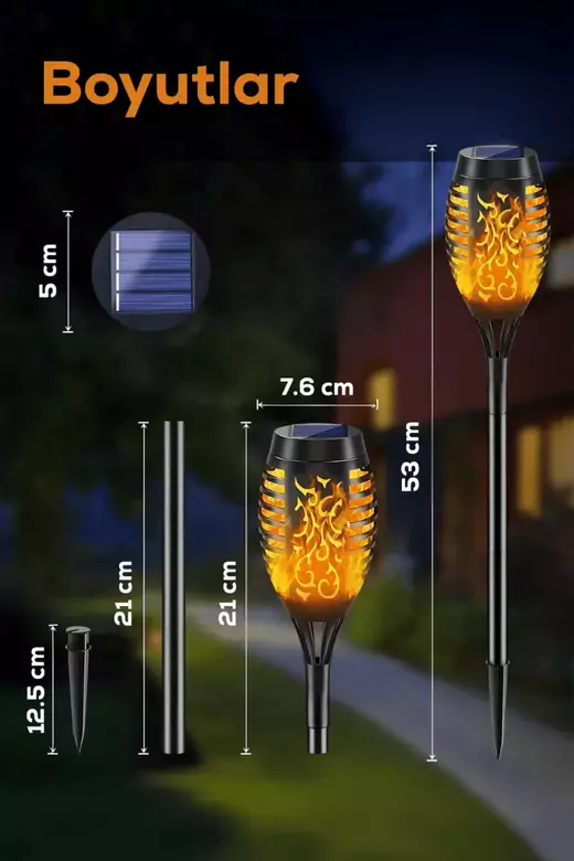 4 Adet Alev Efektli Meşale Solar Led Güneş Enerjili Bahçe Lambası Aydınlatması Armatür 50 Cm