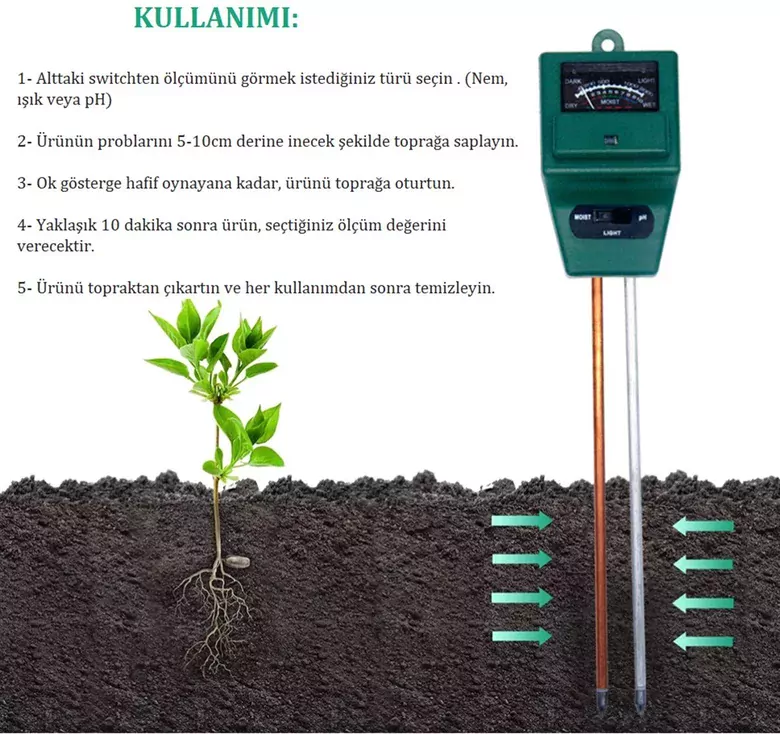 3Lü Toprak pH Ölçer Nem Ölçer Işık Ölçer Pilsiz Toprak Test Aleti 3Lü Toprak pH Ölçer Nem Ölçer Işık Ölçer Pilsiz Toprak Test Aleti