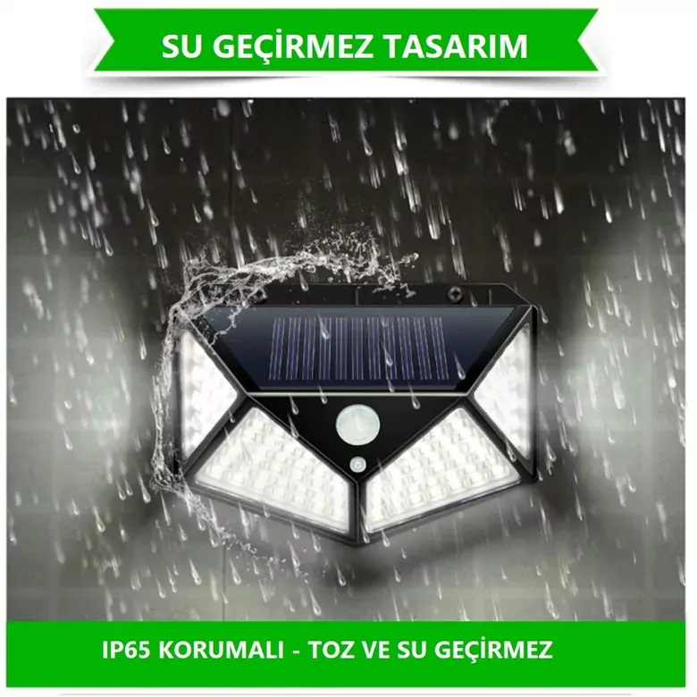100 LED Solar PIR Hareket Sensörlü Su Geçirmez Duvar Lambası IP65