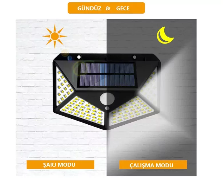 100 LED Solar PIR Hareket Sensörlü Su Geçirmez Duvar Lambası IP65
