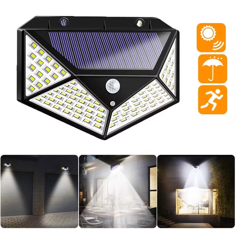100 LED Solar PIR Hareket Sensörlü Su Geçirmez Duvar Lambası IP65