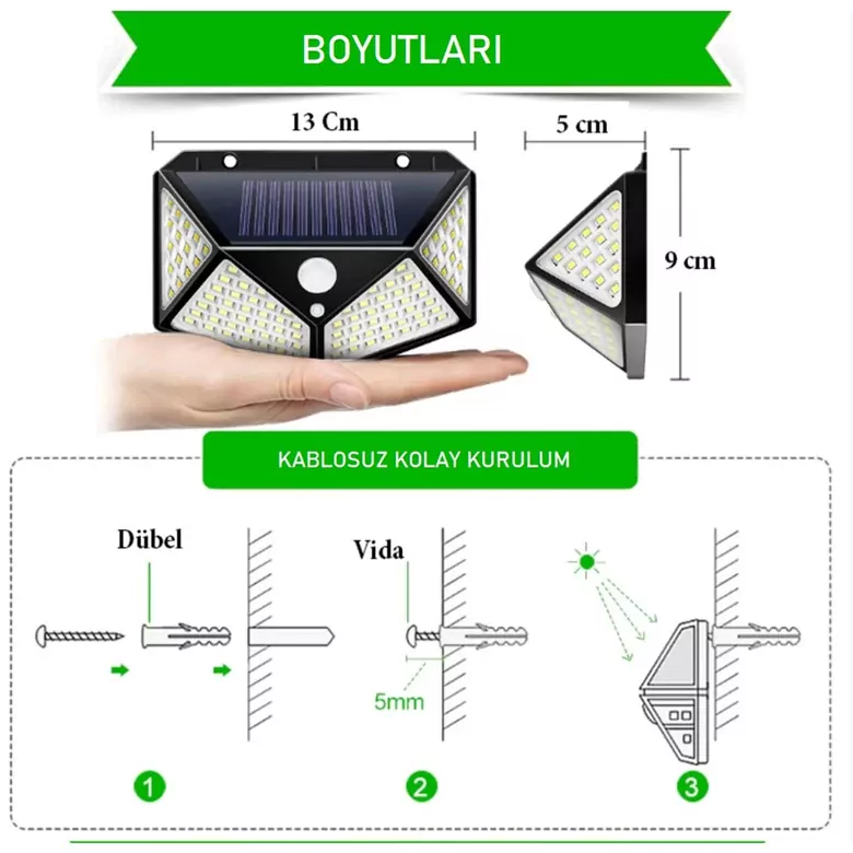 100 LED Solar PIR Hareket Sensörlü Su Geçirmez Duvar Lambası IP65