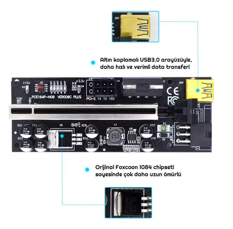 OEM Riser V009C PLUS Yükseltici PCI-Express X1 to X16 Mining Ethe OEM Riser V009C PLUS Yükseltici PCI-Express X1 to X16 Mining Ethe