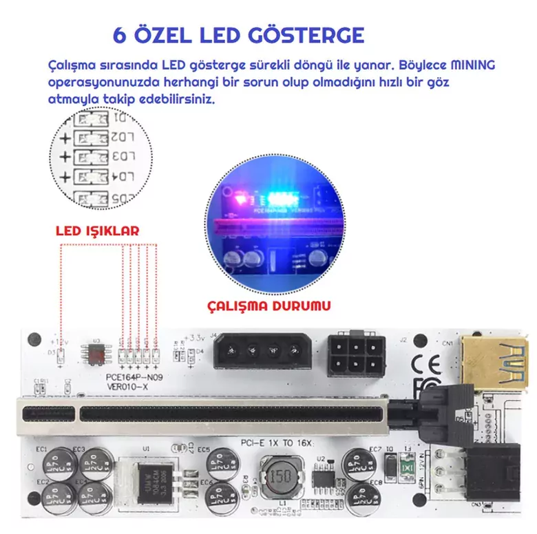 OEM Riser V010-X 8 Kapasitörlü Yükseltici PCI-E X1 to X16 Mining