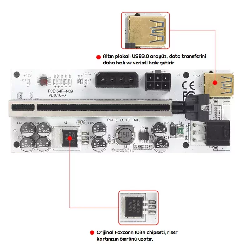 OEM Riser V010-X 8 Kapasitörlü Yükseltici PCI-E X1 to X16 Mining