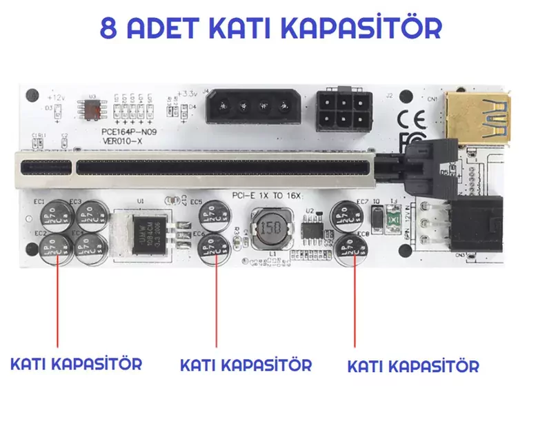 OEM Riser V010-X 8 Kapasitörlü Yükseltici PCI-E X1 to X16 Mining