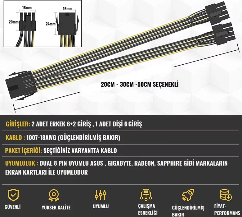 20-30-50cm 6 PIN Dişi - PCI-E (6+2) 8 PIN Erkek Power Kablo Çoklayıcı PSU Splitter